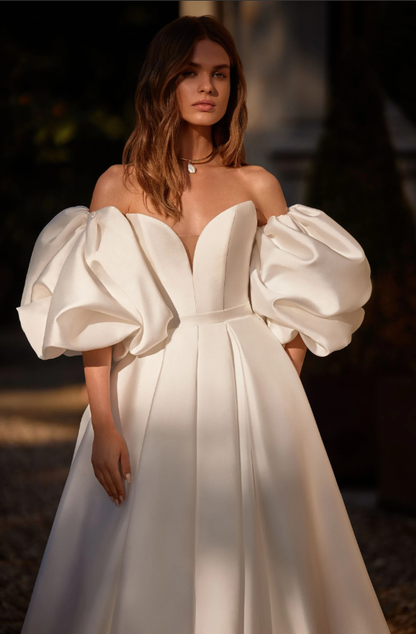 Arabissa 08309 Mikado A-Line Wedding Dress – V-Neck Ivory Gown with Pockets, Pleated Skirt & Removable Sleeves